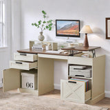 JanflyHome Executive Desk with File Storage Drawer, 63" Lift Top Farmhouse Home Office Gaming Desk with Charging Station, 3 Drawers Sensor Lights Wood Computer Table with Monitor Stand, Antique White JanflyHome