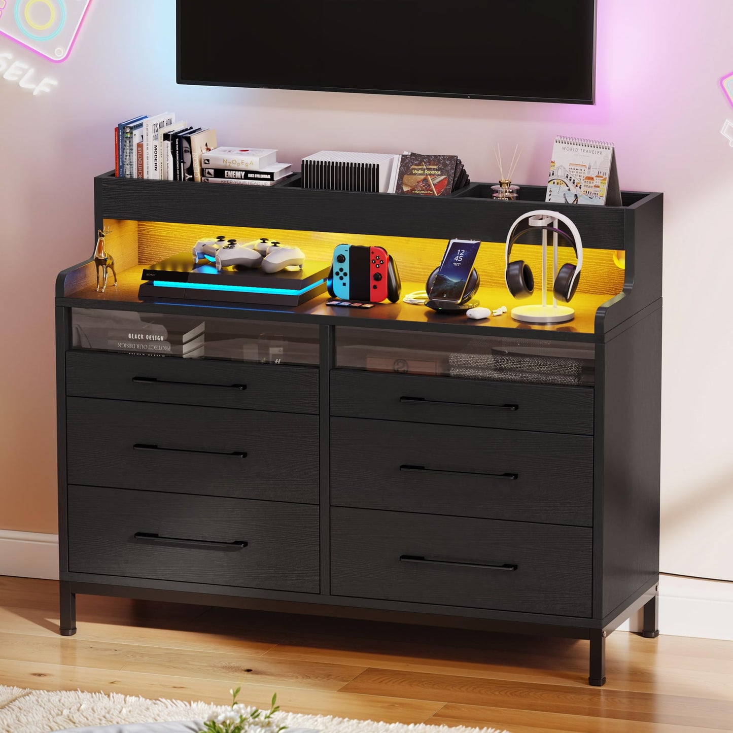 DWVO 6 Drawer Dressers with LED Light, Dresser & Chests of Drawers with Charging Station, Modern Dresser with Open Shelf Storage for Room, Entryway, Hallway, Black