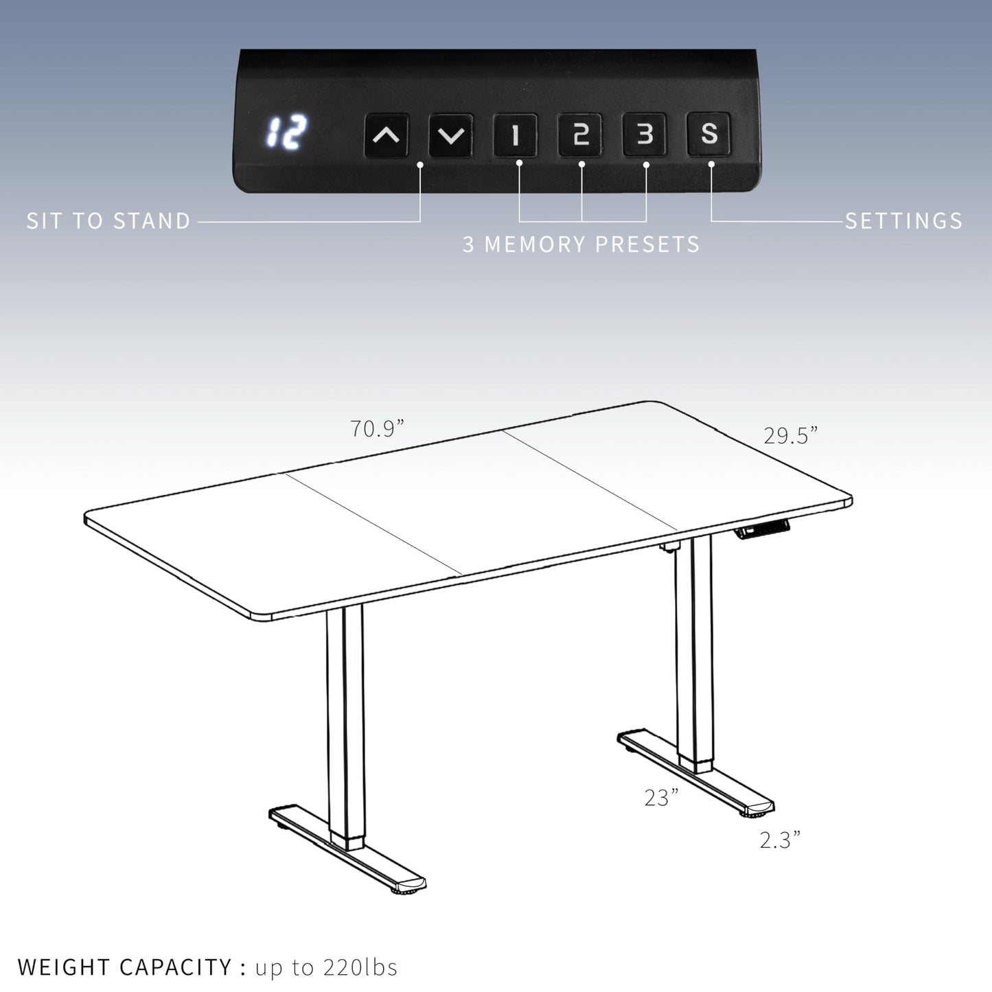 VIVO Electric Height Adjustable 71 x 30 inch Memory Stand Up Desk, Black 30 inch Deep Table Top, Black Dual Motor Frame, Preset Controller, E2B