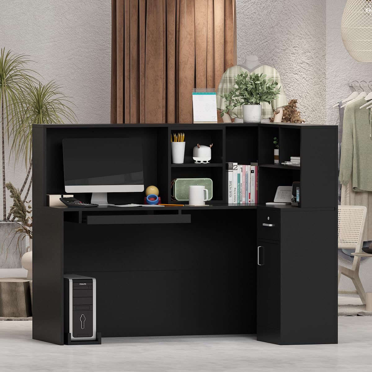 Hitow Modern Reception Desk Counter Table, L-Shap Reception Room Front Desk with Lockable Drawer & Open Shelves, Retail Counter for Salon Checkout Office, Black (55.9" W x 32.3" D x 48.4" H) Hitow