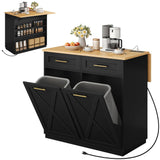 YITAHOME Drop Leaf Kitchen Island with Double Tilt Out Trash Cabinet, Rolling Kitchen Trash Recycling Cabinet with Power Outlet, Drawers, 20 Gallon Garbage Bin Storage for Kitchen Dining Area, Black YITAHOME