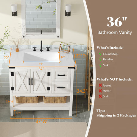 AMERLIFE 36" Farmhouse Bathroom Vanity with Sink Combo, Wood Barn Door Freestanding Small Single Bath Storage Cabinet Set with Sliding Drawers & Open Shelf, Paper Towel Holder, Antique White AMERLIFE