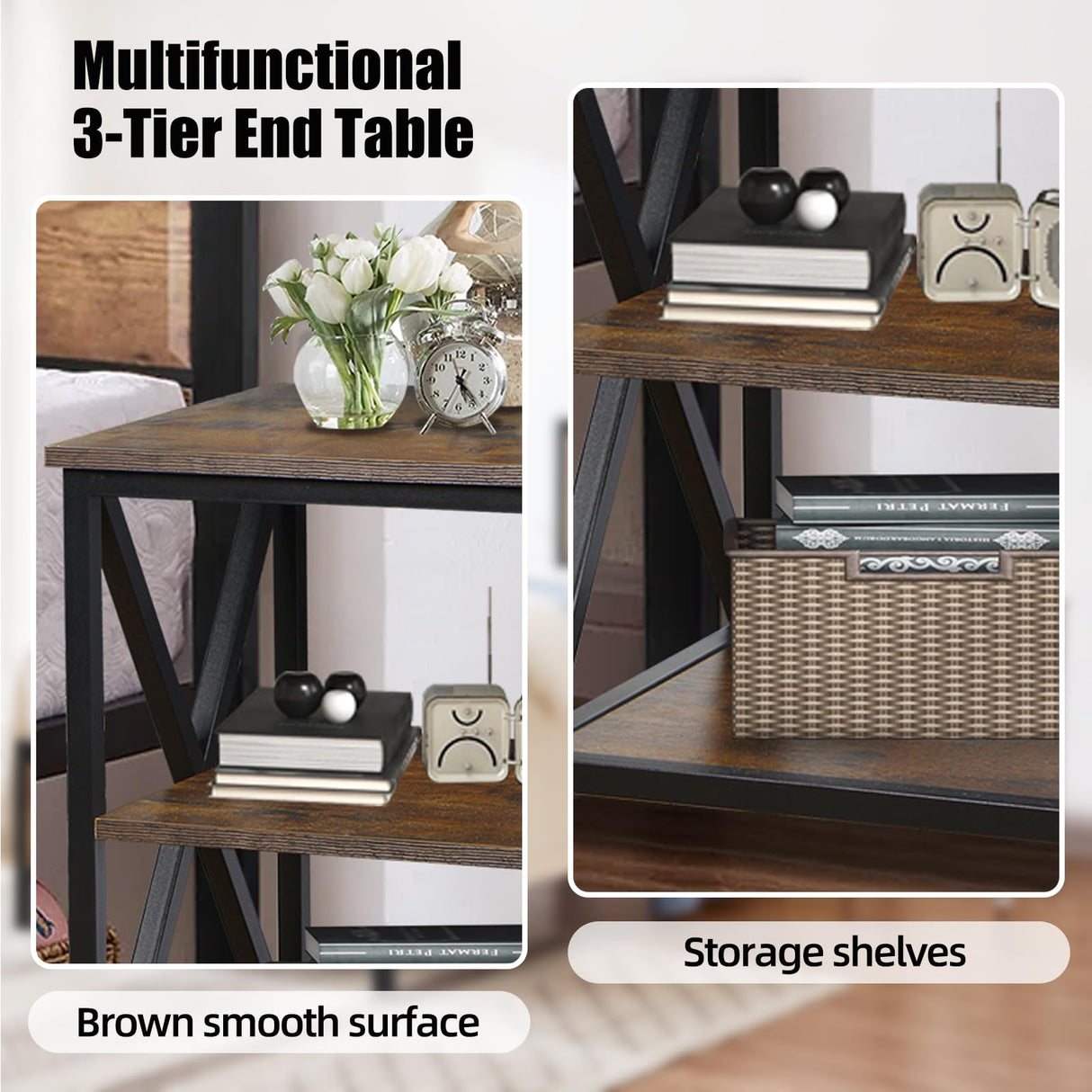 End Tables Living Room Set of 2, 16" D x 16" W x 24" H, Indoor End Tables Living Room with Storage Shelf, Square End Table Set of 2, X-Shaped Night Stands for Bedroom, Farmhouse Wood Side Tables TooCust