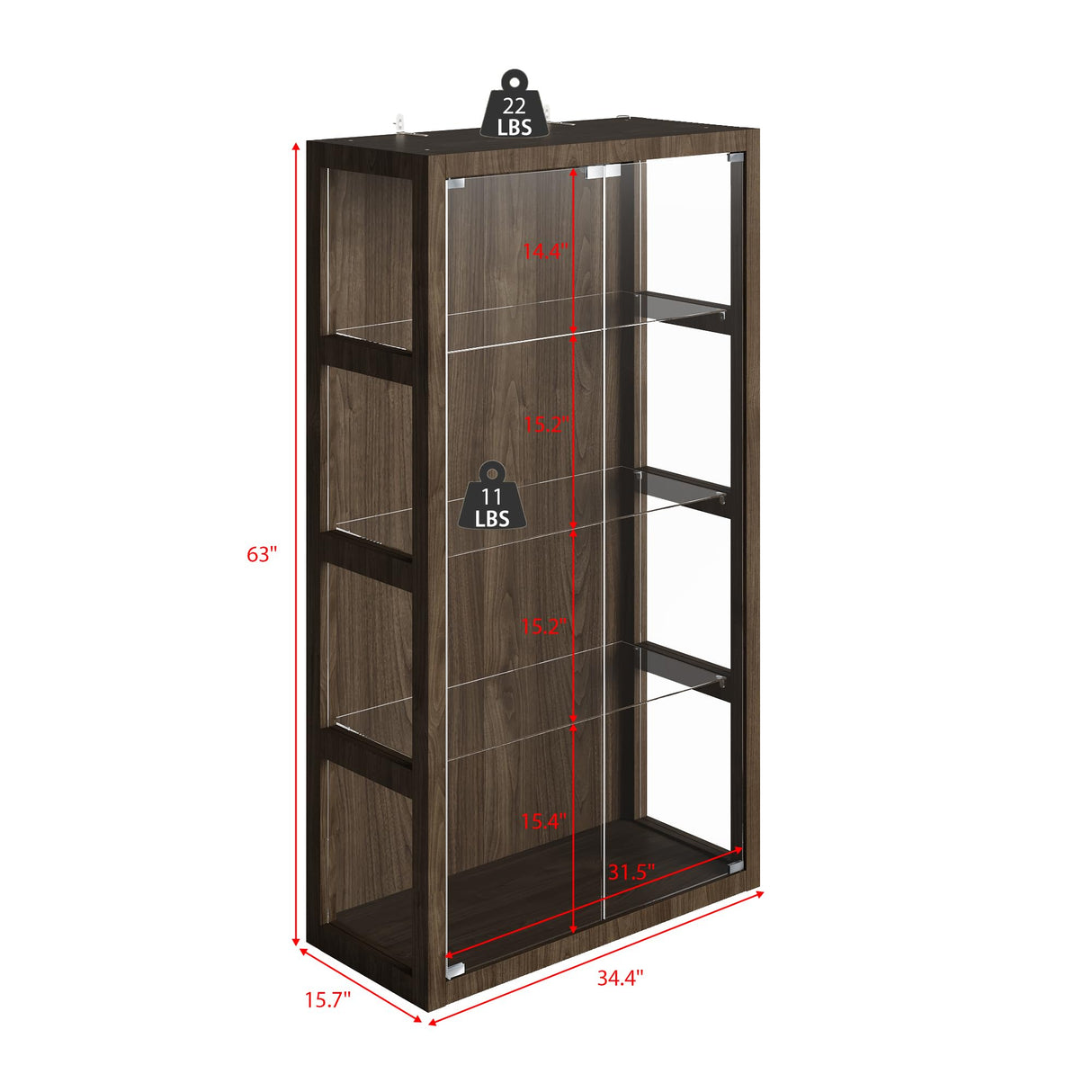 FUNISIR Display Cabinet with 2 Doors, 4-Tier Curio Cabinet for Collectibles with 3 Color LED Light & Glass Shelves, 63" Glass Display Case for Living Room, Home Office, Walnut FUNISIR