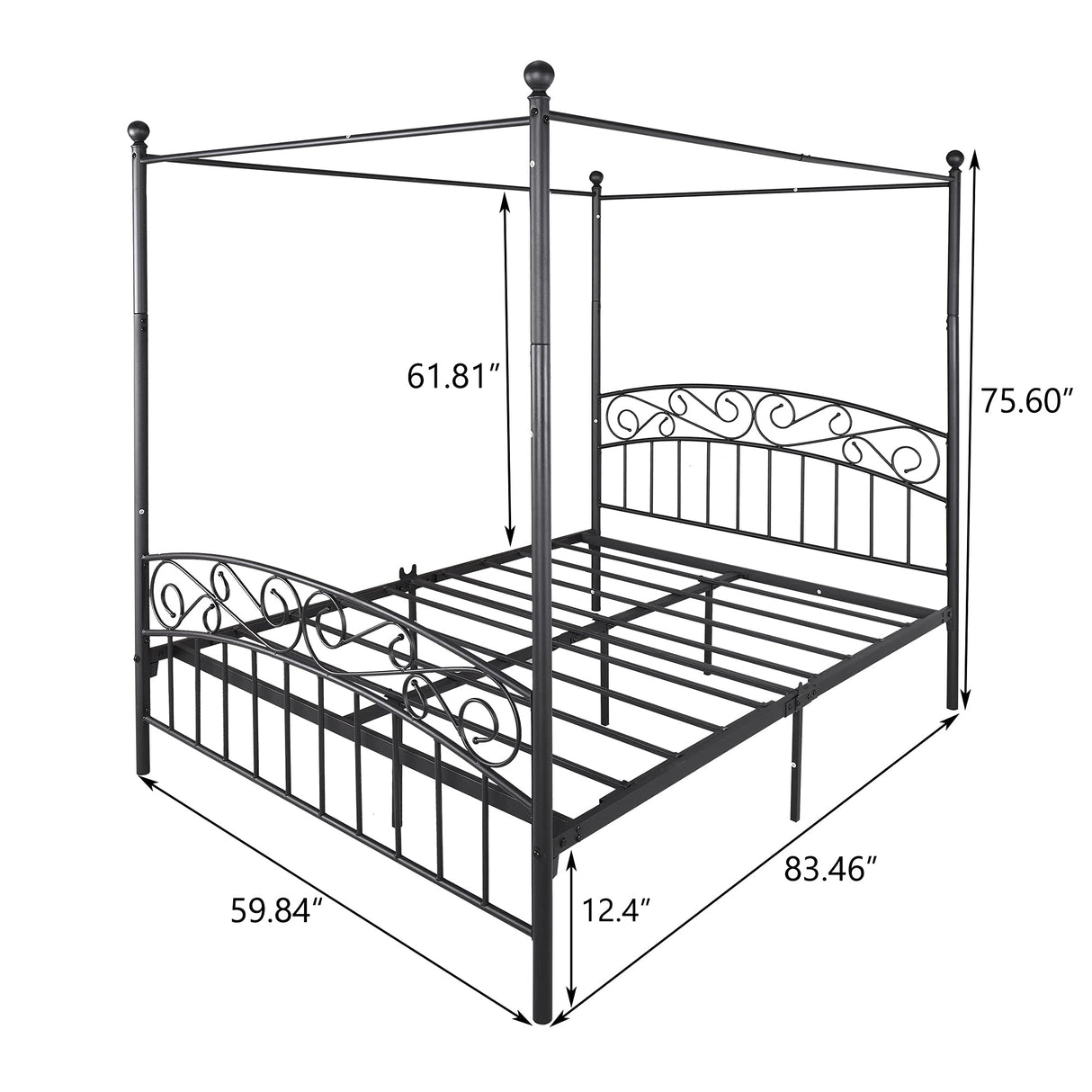 PacknWood Acosure Queen Size Metal Canopy Bed Frame with Headboard and Footboard,Bedroom Platform Bed w/Slat Support & No Box Spring Required,for Adult Kid Boy Girl Teen,Black Acosure