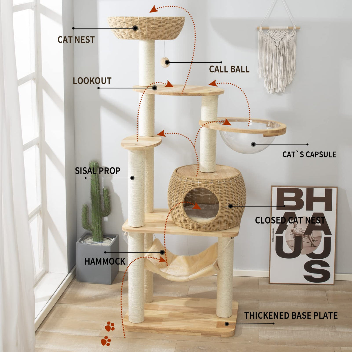 59" Big Modern Cat Tree Tower, Cat Tower Sisal-Covered Scratching Posts for Indoor Cats, Oak Wood Cat tree for Large Cats, Multi-level Cat Condo with Space Capsule Nest, Cat Furniture Activity Centre SHODMI