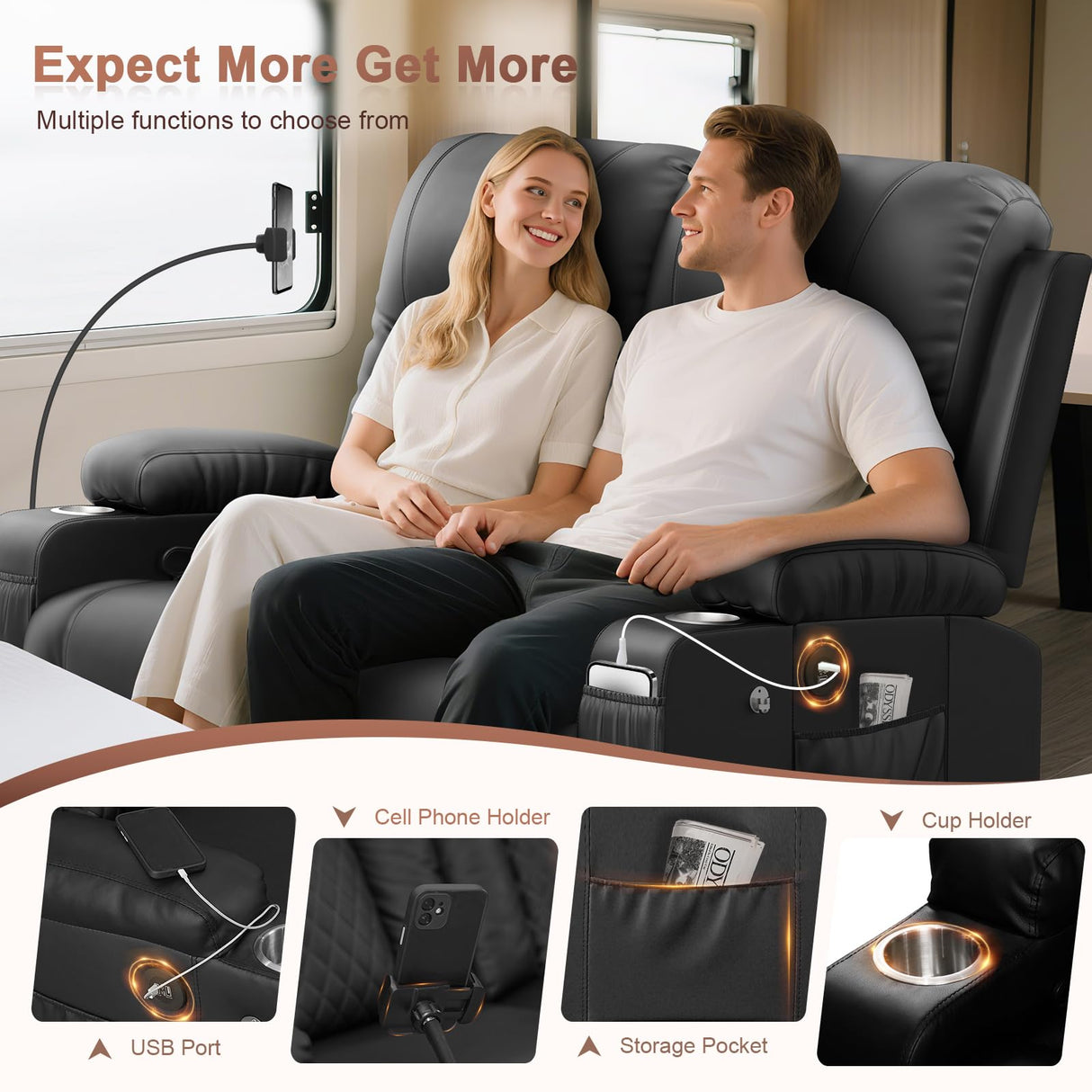 MOSGAT RV Loveseat Recliner Sofa, Reclining Loveseat Wall Hugger Recliners with USB Ports, Cup Holders, Insert Pockets, RV Recliners for Travel Trailers & Living Room, RV Furniture | RV Couch | Black MOSGAT