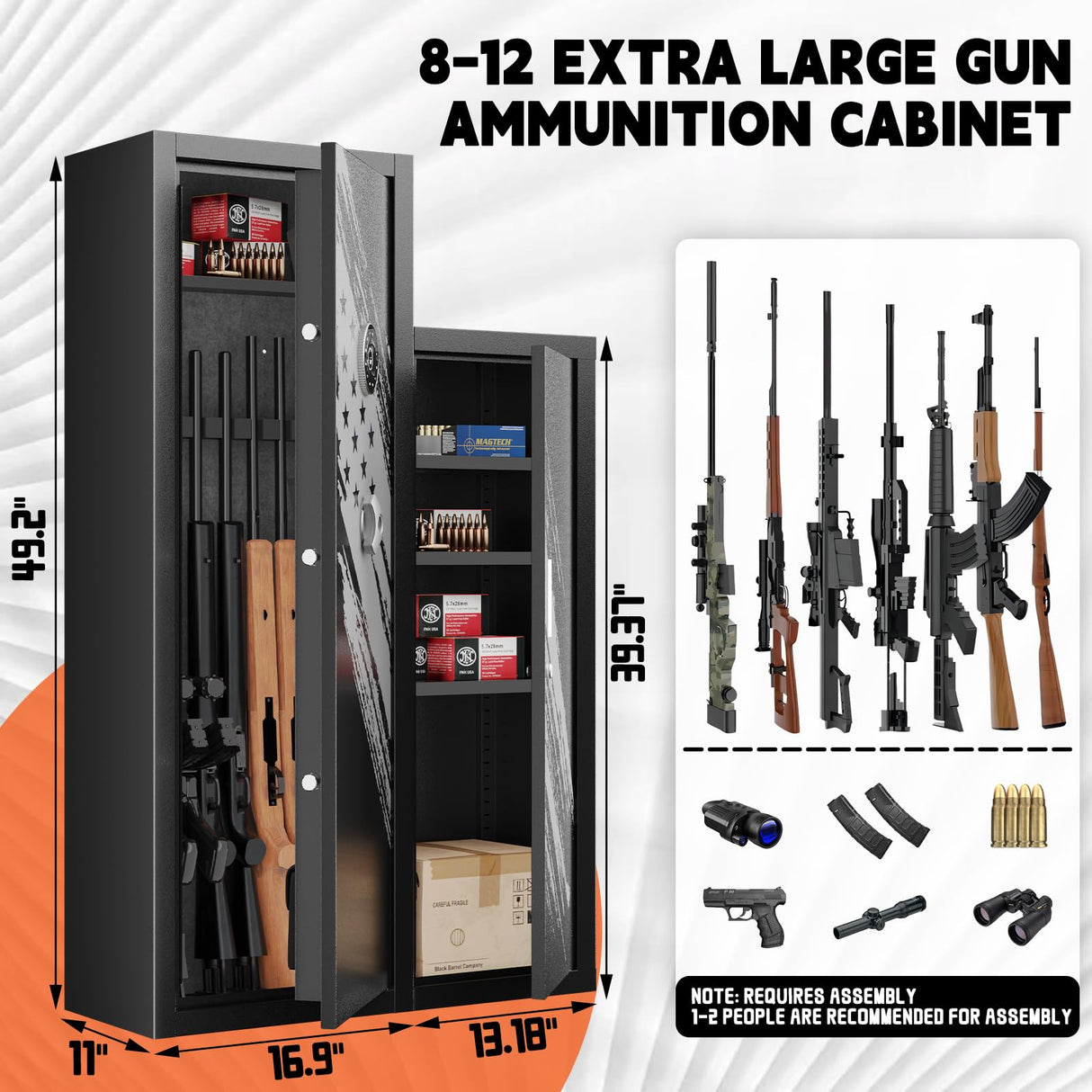 KAER [2025 New] 8-10 Rifle Gun Safe, Home Safes for Rifles and Pistols,Unassembled Large Gun Safes for Home and Shotgun with Detachable Gun Racks, 4 Pistol Pockets KAER