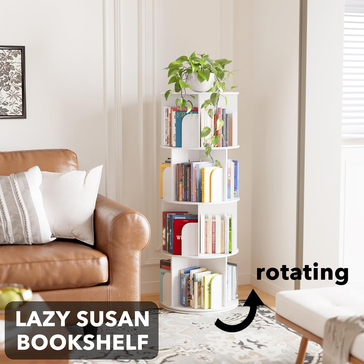 SpaceAid Cross Style 4 Tier Rotating Bookshelf, Spinning 360 Bookcase Lazy Susan Tower, Vertical Revolving Books Shelf Storage Round Carousel Space Saving Organizer, White SpaceAid