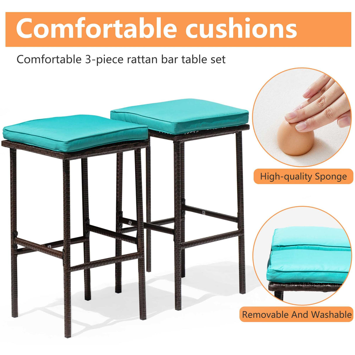 Set Of 3 Outdoor Bar Set Patio Wicker Counter Height Table Set Sturdy Frame Rattan Bar Table with Glass Table Top Storage Shelves 2 Bar Stools for Patio Poolside Porch Outdoor Indoor, Blue PayLessHere