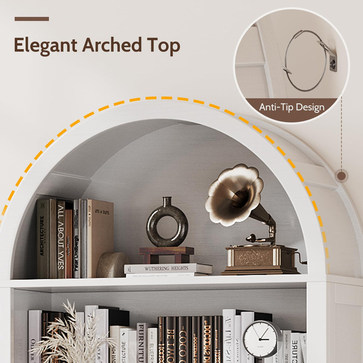 Vividwood 6-Tier Farmhouse Arched Bookshelf Bookcase with Doors, 70" Tall Storage Cabinet and Display Shelves, Open Shelves for Living Room or Office, White Vividwood