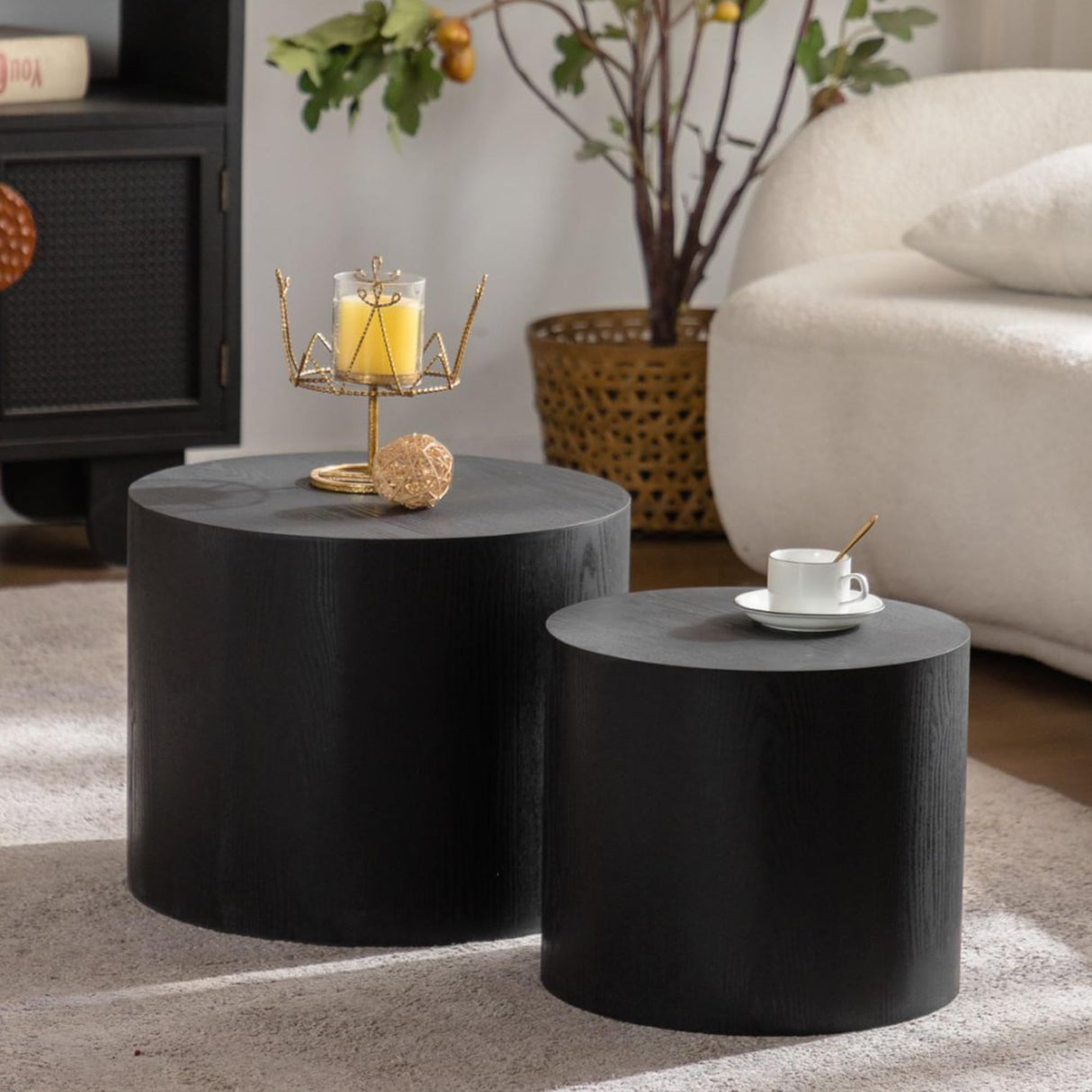 GDFStudio Round Nesting Coffee Table Set of 2, Modern Wooden Accent Side Table, Space Saving Small Circular Tea Coffee Tables and End Tables Sets for Living Room Small Space, No Assembly, Black GDFStudio