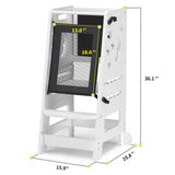 TOETOL Bamboo Toddler Kitchen Stool for Kids Step Stool - White Little Helper Tower Adjustable Height with Learning Black & White Activity Board1 TOETOL