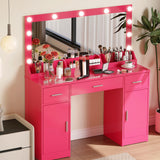 MIRROTOWEL 47.5” Vanity Desk with Large Mirror, 3 Colour Lighting Modes, Adjustable Brightness, Dresser with 3 Drawers & 2 Vertical Cabinets, Makeup Vanity Table for Women Girls Rose Pink MIRROTOWEL