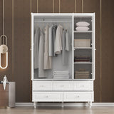 FUNISIR 3 Doors Bedroom Closet, Wood Armoire with Mirror, Clothes Hanging Rail, 4 Storage Shelves and 5 Drawers, 47" Wide Bedroom Storage Unit Wardrobe, Traditional White(70.9" H) FUNISIR