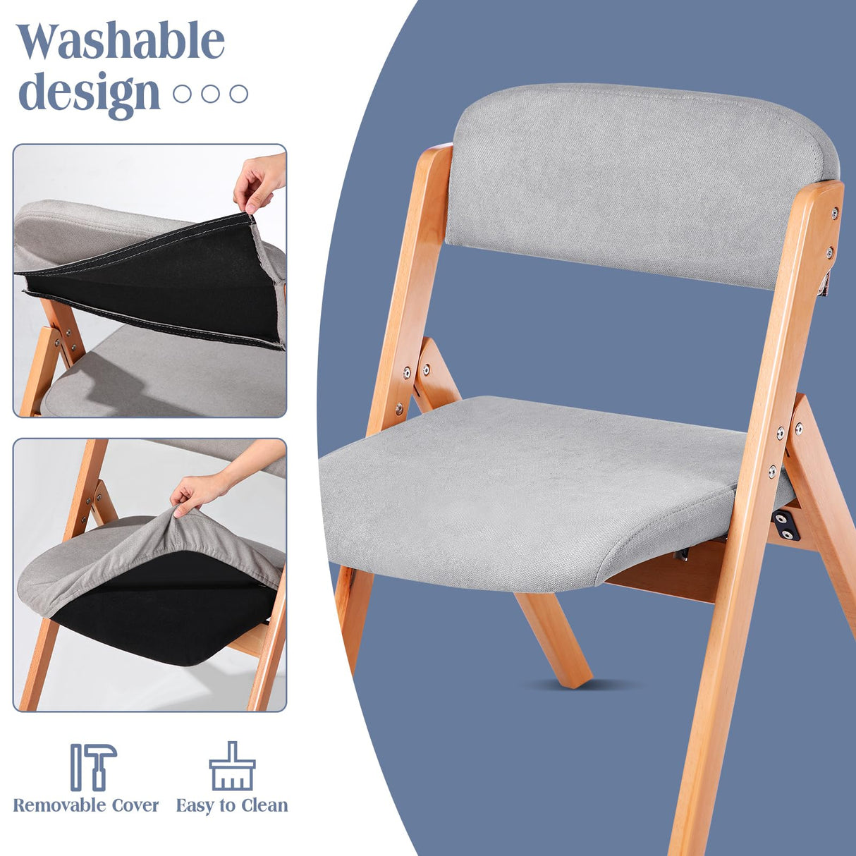 Kigley 2 Pack Folding Wooden Chairs with Padded Seats Foldable Dining Chairs Removable Cover Padded Stackable Wood Single Comfortable Chair for Home Office Wedding Party Events Indoor (Light Gray) Kigley