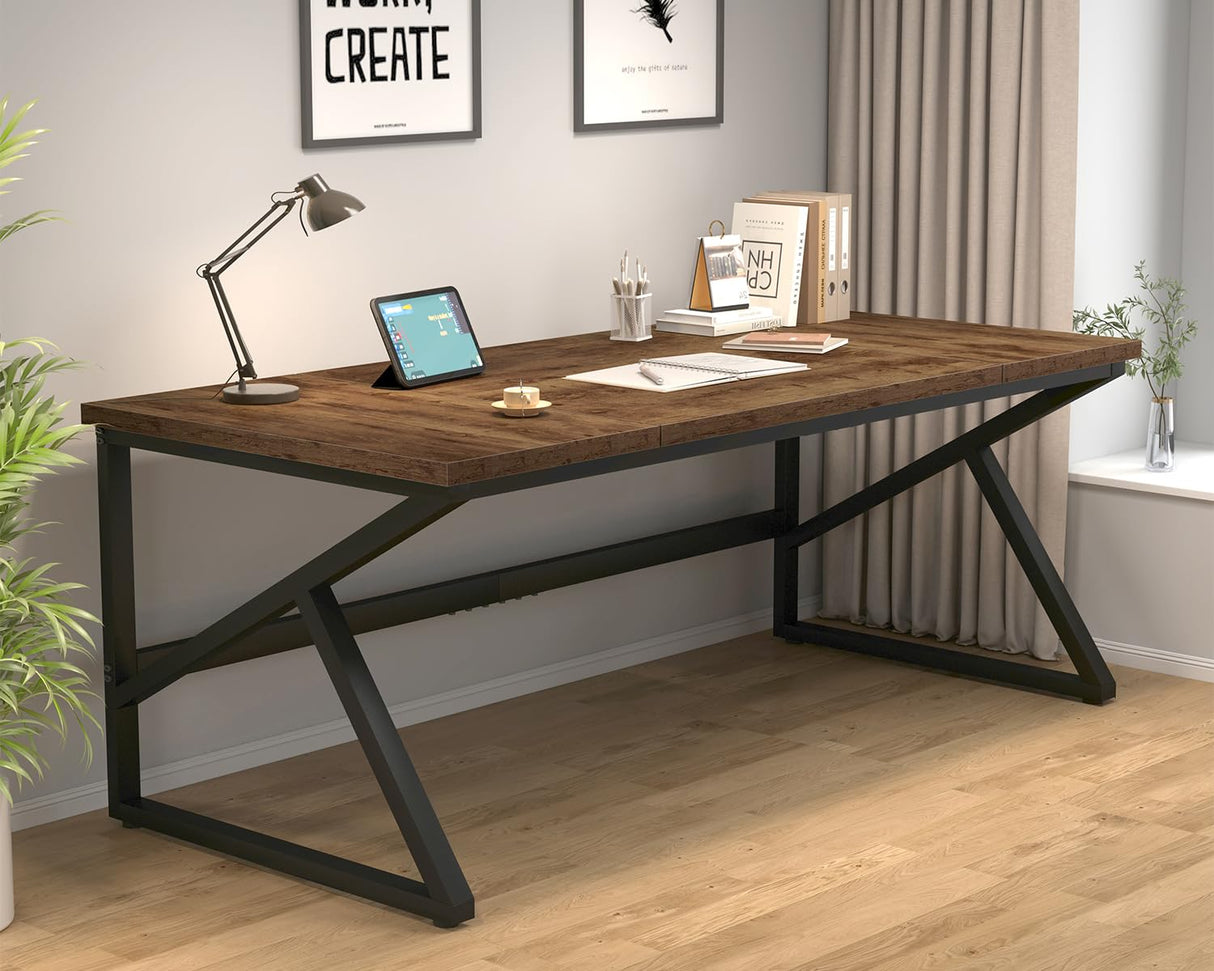 HSH Large Rustic Brown Computer Desk, 70 Inch Home Office Metal Wood Desk for 2 Person, Farmhouse Extra Long Writing Study Gaming Desk Table, Bedroom Living Room PC Laptop Dual Monitor Desk HSH