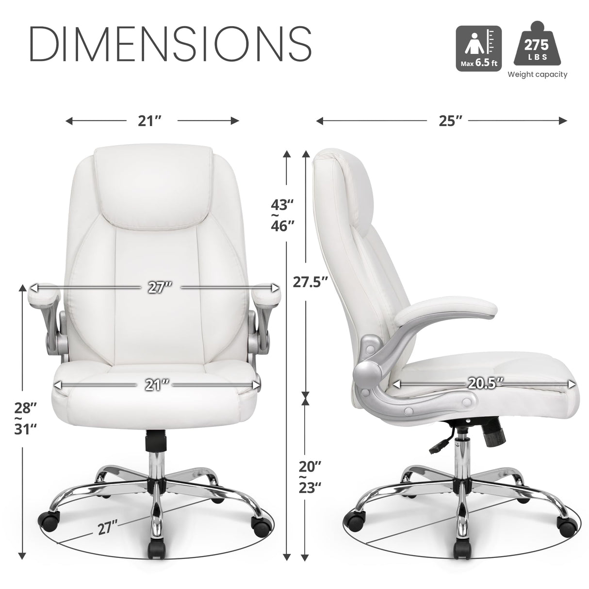 NEO CHAIR Ergonomic Office Chair PU Leather Executive Chair Padded Flip Up Armrest Computer Chair Adjustable Height High Back Lumbar Support Wheels Swivel for Gaming Desk Chair (White) NEO CHAIR