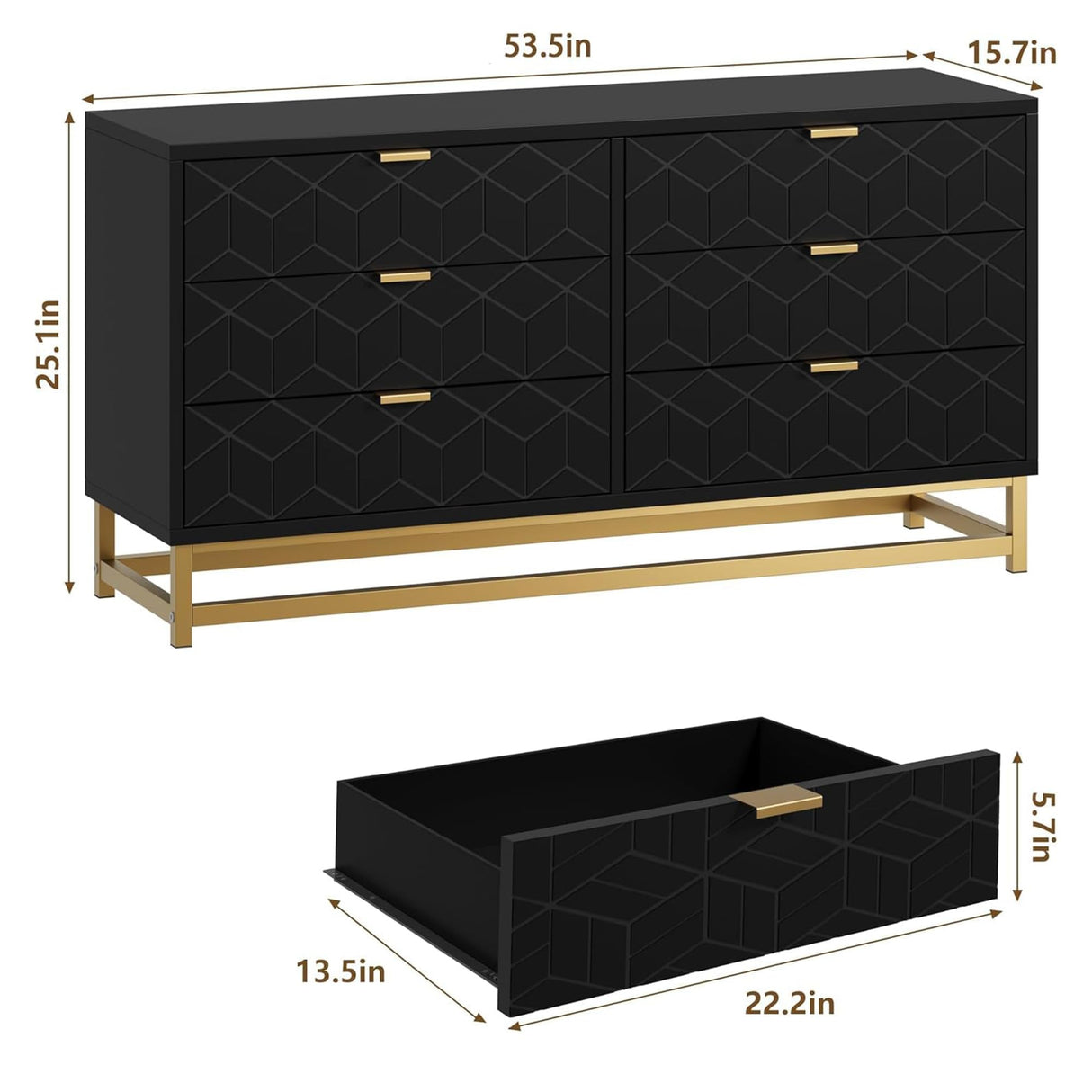 Dresser for Bedroom, 53.5" Large Dresser Organizer, 6 Drawer with Golden Metal Handle and Legs, Modern Chest of Drawers, Black Dressers with Drawers for Closet, Hallway, Living Room, Entryway GAOMON