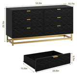 Dresser for Bedroom, 53.5" Large Dresser Organizer, 6 Drawer with Golden Metal Handle and Legs, Modern Chest of Drawers, Black Dressers with Drawers for Closet, Hallway, Living Room, Entryway GAOMON