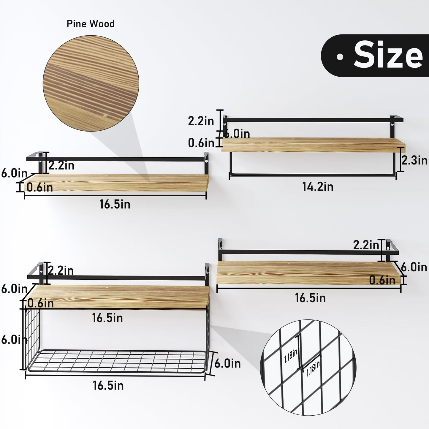 LUDORU Wood Floating Shelves Wall Mounted - 4+1 Tier Rustic Bathroom Wall Shelves Over Toilet with Wire Storage Basket and Towel Bar, Set of 4 Farmhouse Floating Shelf for Bathroom, Kitchen,  - WoodArtSupply