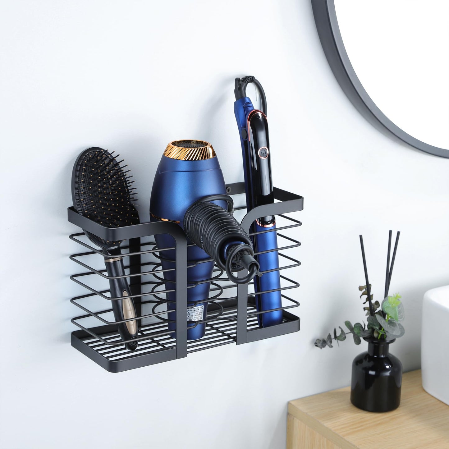 YIGII Hair Dryer Holder - Hair Tool Organizer 3-in-1 Blow Dryer Holder Adjustable Height, Bathroom Organizer Wall Mounted/Cabinet Door for Flat/Curling Irons, Hair Straighteners