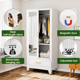 winiowa Metal Armoire Wardrobe Closet with Drawer, 71" Wardrobe Cabinet with Adjustable Shelves and Hanging Rod, Clothing Storage Cabinet Closet with Mirror for Bedroom-White winiowa