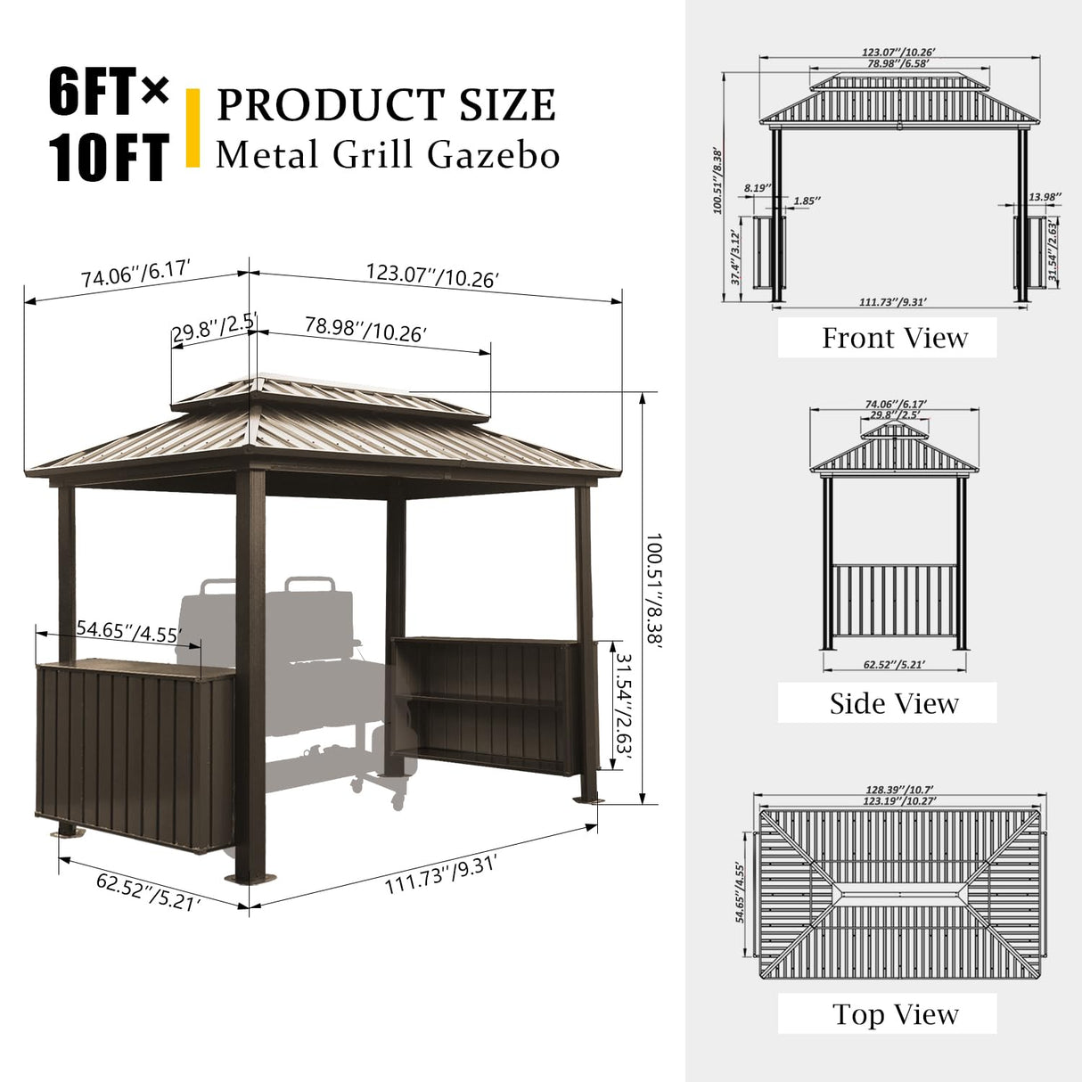 Domi 6x10FT Hardtop Grill Gazebo, Outdoor BBQ Gazebo with Double Galvanized Steel Roof, Metal Permanent Sun Shade Grill Canopy Shelter with 2 Storage Cabinets and Ceiling Hooks for Patio Yard, Brown domi outdoor living
