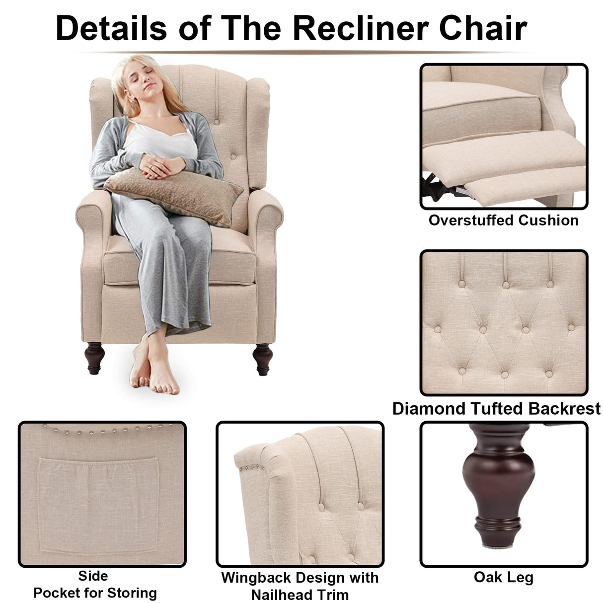 IPKIG Wingback Pushback Recliner Chair - Mid Century Recliner Armchair with Massage and Heat, Rivet Decoration, Button-Tufted Back, Solid Wood Legs for Living Room, Bedroom, Office(Beige) IPKIG