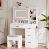 Viaozutis Vanity Desk with a Mirror and Lights，with Chair and Four Drawers, Three Adjustable Lighting Modes，with Power Outlet and Sliding LED Mirror,Bedroom Vanity Desk (White) Viaozutis