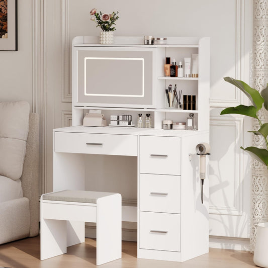 Viaozutis Vanity Desk with a Mirror and Lights，with Chair and Four Drawers, Three Adjustable Lighting Modes，with Power Outlet and Sliding LED Mirror,Bedroom Vanity Desk (White)