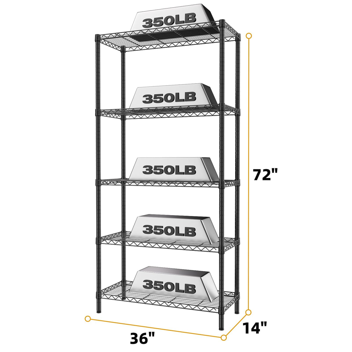 SINGAYE 5-Shelf Adjustable, Heavy Duty Storage Shelving Unit (350 lbs per Shelf), Steel Organizer Wire Rack Storage Shelf for Garage Office Pantry Ktichen, Black (36" W x 14" D x 72" H) SINGAYE