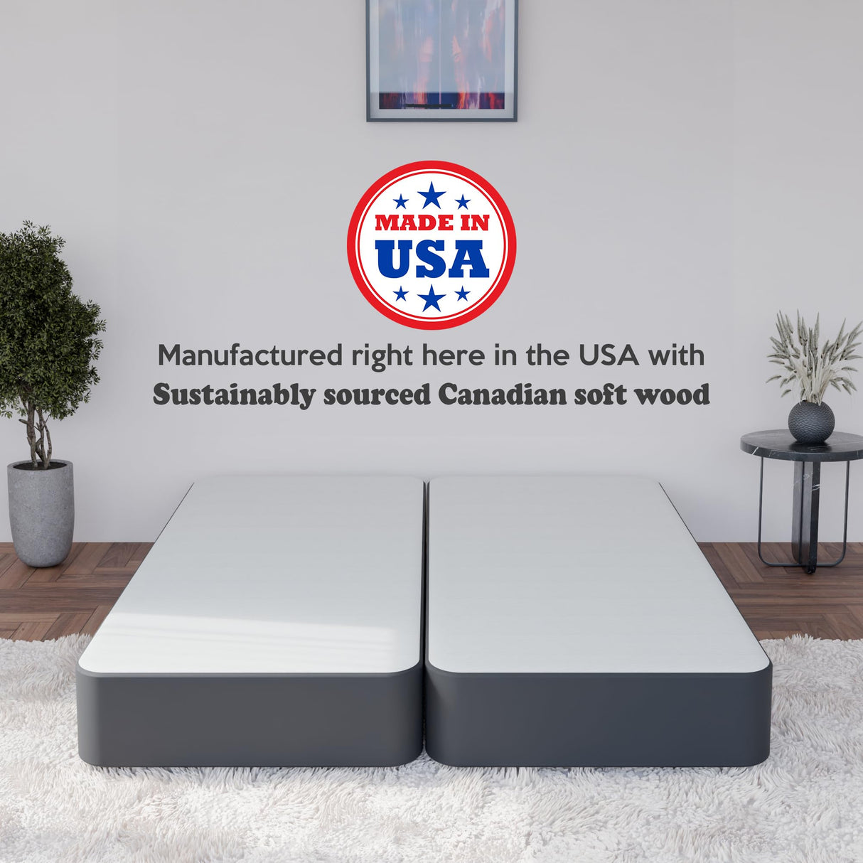 Greaton, 4-Inch Sturdy Wood Box Spring for Mattress Support - Durable and Fully Assembled, Natural Wood Foundation for King, Black Greaton