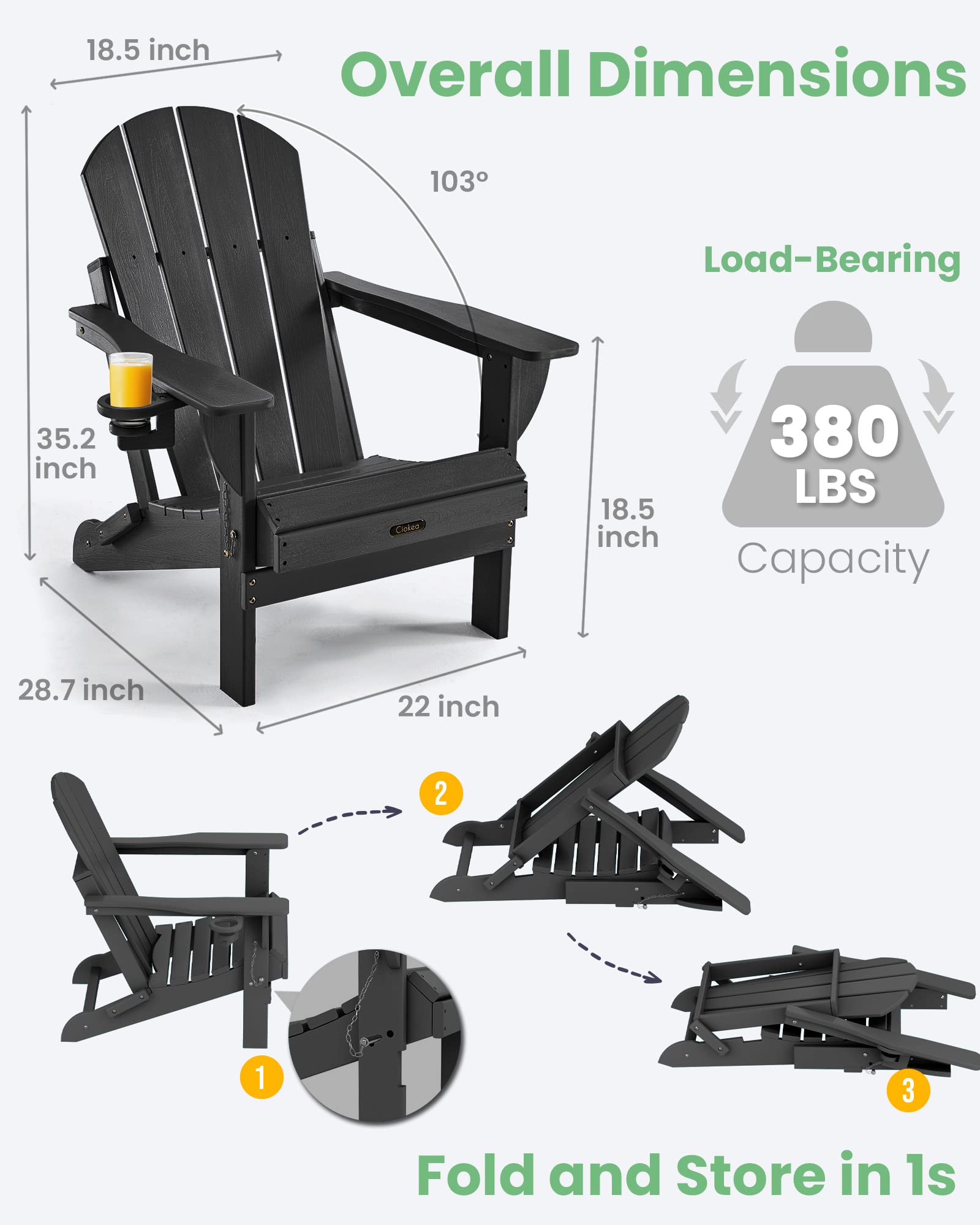 Ciokea Folding Adirondack Chair Wood Texture for Patio, Weather Resistant, Plastic Fire Pit Chair with Cup Holder, Lawn Chair for Outdoor Porch Garden Backyard Deck (Black) - WoodArtSupply