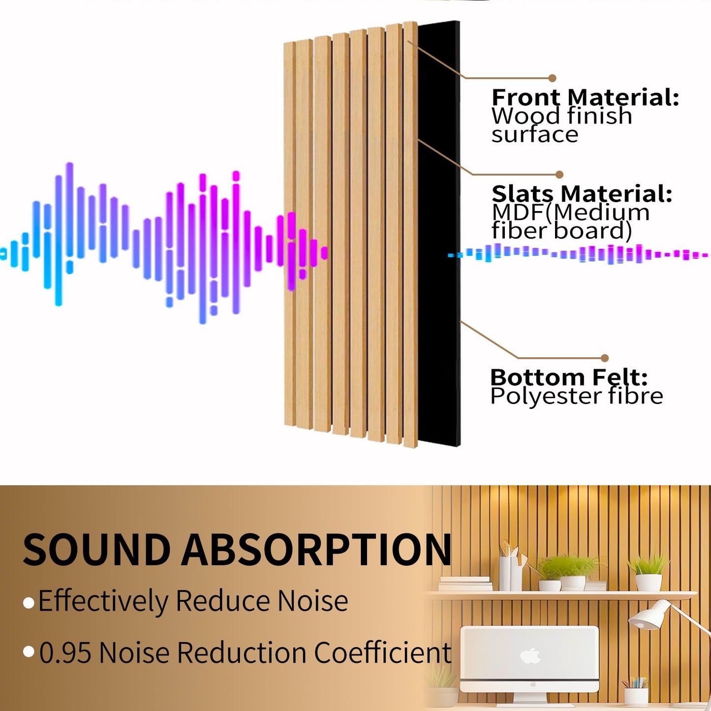 KVENI Acoustic Wood Slat Wall Panels - Modern Wood Panels for Wall, 3D Fluted Sound Absorbing Panel with Wood Finish, Noise Cancelling & Absorbing Wooden Panels, 94.49” x 13” Each, 0.82” Dept - WoodArtSupply