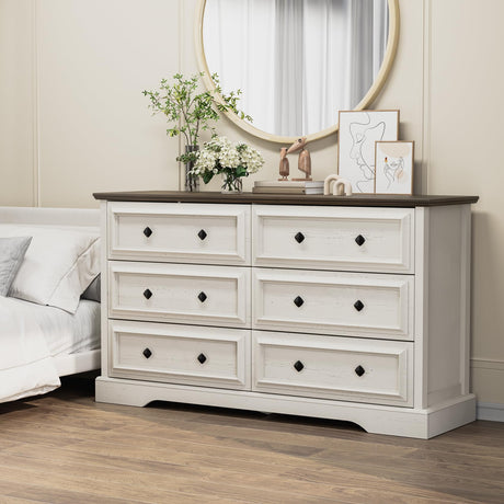 VVFLU Farmhouse 6 Drawer Dresser for Bedroom, 54" Wide Wood Dresser with Natural Texture, Rustic Chest of Drawers for Bedroom with Vintage Metal Hands, for Living Room, Hallway, Antique White VVFLU