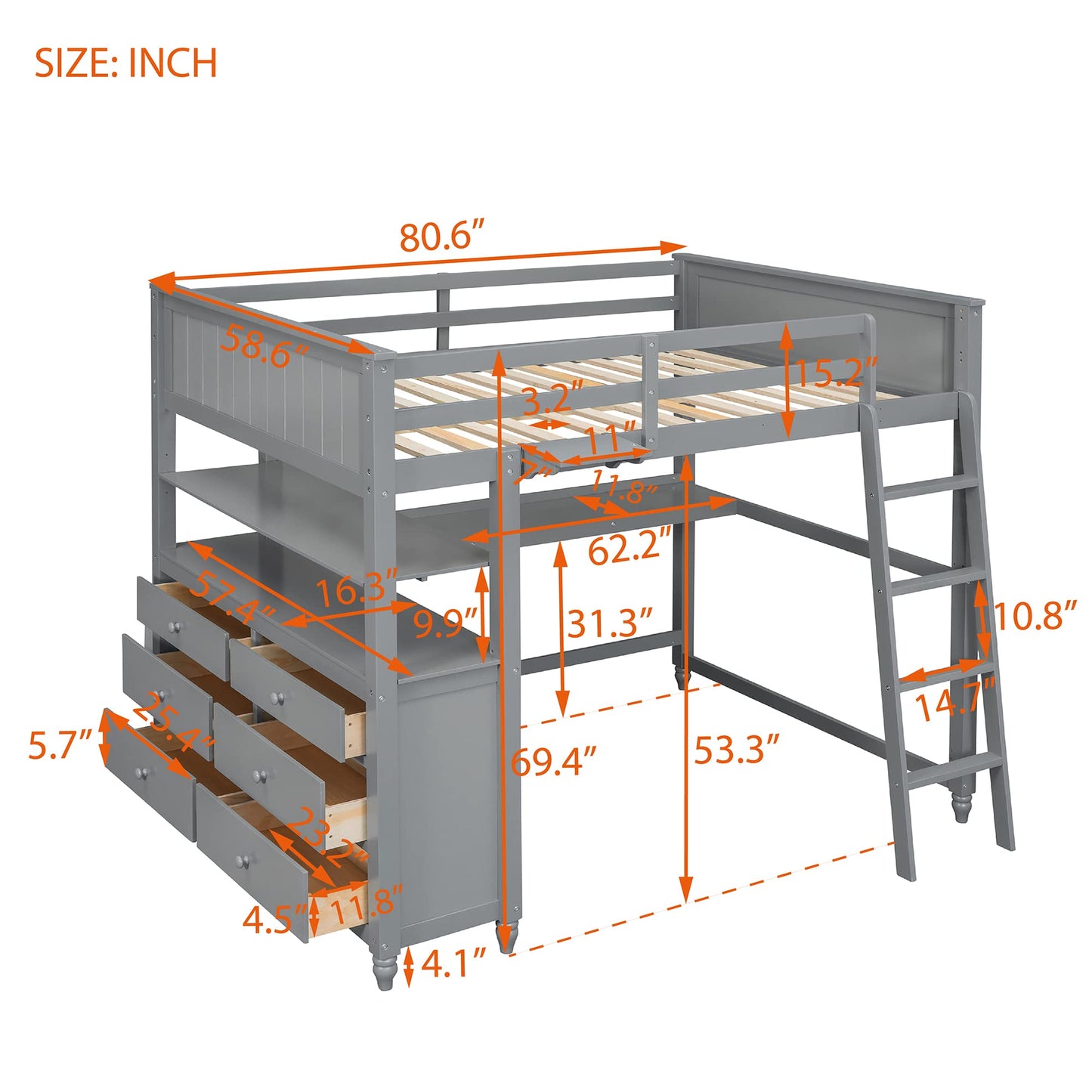 Harper & Bright Designs Grey Full Size Loft Bed with Desk, Storage Drawers, and Shelves for Kids and Teens