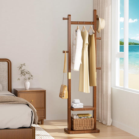 Taitiy Solid Wood Coat Rack Clothes Rack, Coat Rack Freestanding with 2 Shelves and 5 Hooks, Heavy Duty Coat Tree for Entryway, Living room, Coat Hanger Stand for Hats, Bags Clothes(Walnut Brown) Taitiy