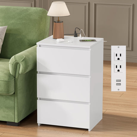 FOTOSOK White Nightstand, 26" H White Night Stand with Charging Station, White Nightstand with USB Ports & Power Outlets, Silent Slides, Wooden End Side Table Bedside Table with 3 Drawers for Bedroom FOTOSOK