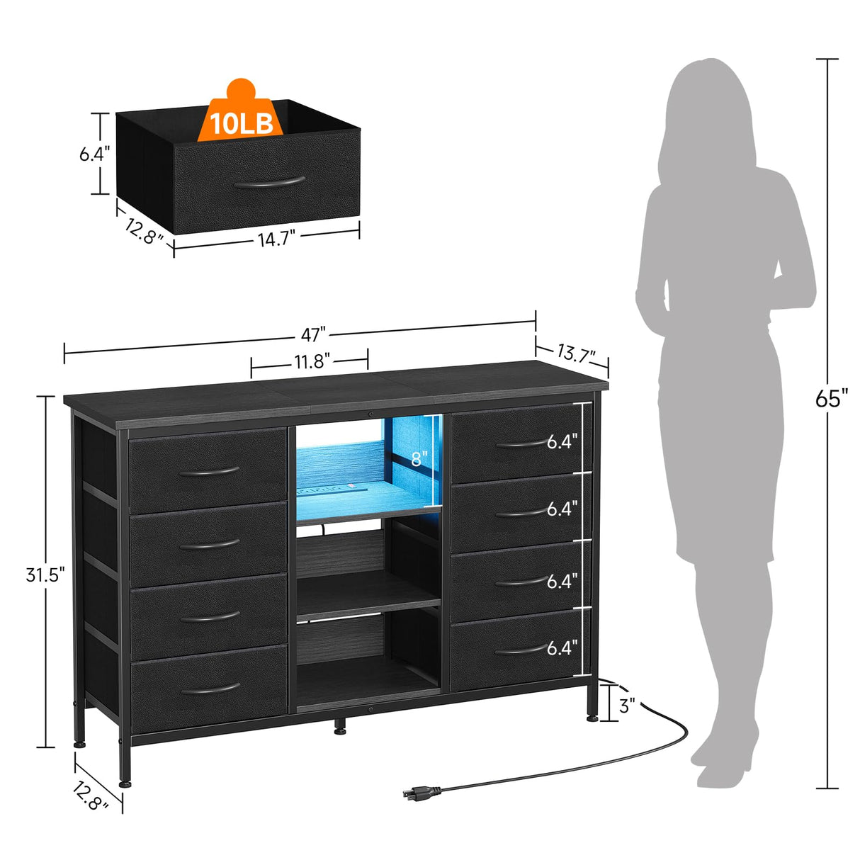COTUBLR Fits 55" TV Stand Dresser for 50 55 60 Inch TV Dresser TV Stand with Power Outlets & LED Lights & 8 Drawers Dresser with PU Finish, 47 Inches TV Console with Open Shelves, for Bedroom COTUBLR