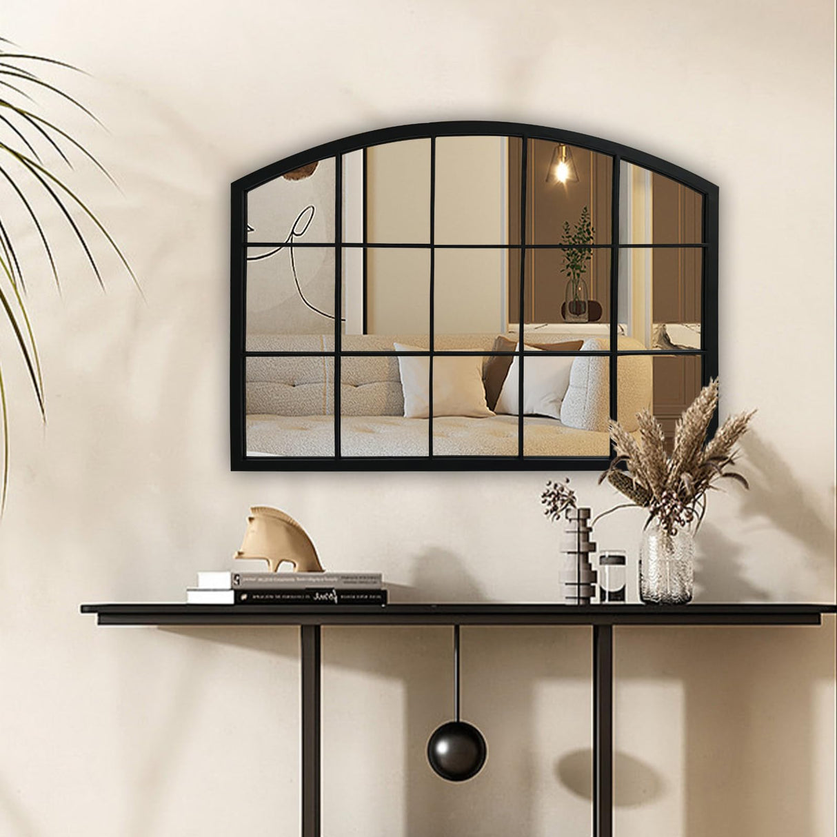 WAMIRRO Wide Window Pane Black Mirror,Farmhouse Arched Wall Mirror,Mantel Mirror for Fireplace/Entryway/Hallway/Living Room,33“X24” WAMIRRO