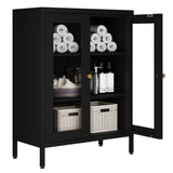 Bevivog Bathroom Floor Cabinet with Glass Doors Small Metal Storage Cabinet FreeStanding Metal Accent Cabinets with Two Door Storage Shelves, Locker Display Cabinet for Home Office Living Room Bevivog