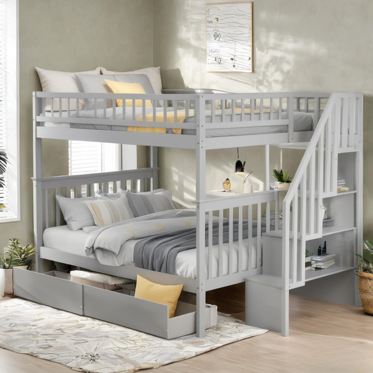 Full Over Full Bunk Beds with Drawers and Stairs Stairway Bunk Bed Frame with Storage Shelves for Kids Teens Adult, Wood Full Bunk Bed for Boys Girls Adults, Gray Bellemave