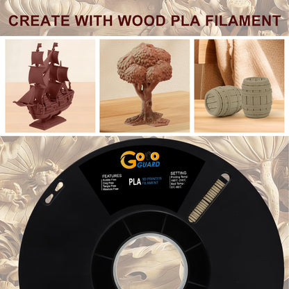 Goto Guard 3D Printer Filament, Natural Wood PLA Filament 1.75mm, 3D Printing Filament Matte Wood PLA with Real Wood Fiber for 3D Printers, Dimensional Accuracy 1.75±0.02mm, 1KG(2.2lbs)