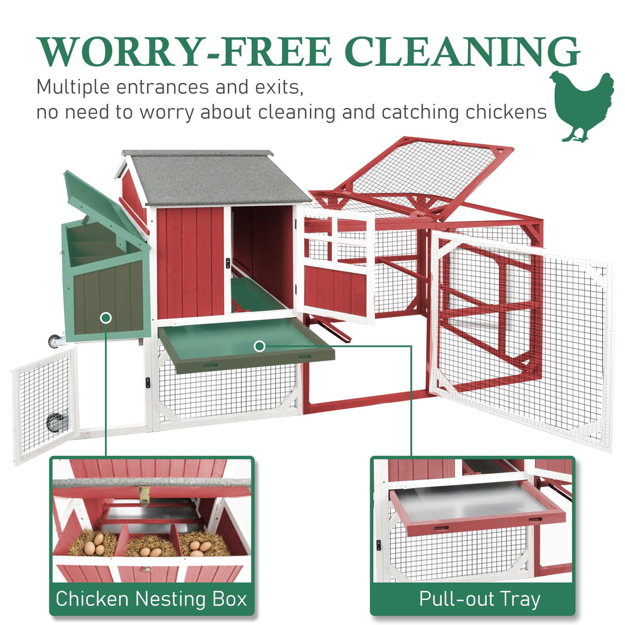 Magazoopet 95.3" Large Chicken Coop with Run, Tractor Hen Chicken House with 3 Nesting Boxes, Portable Duck Rabbit Quail Hutch Poultry Cage for 4-6 Chickens with 6 Access,Pull-Out Tra (Red) Magazoopet