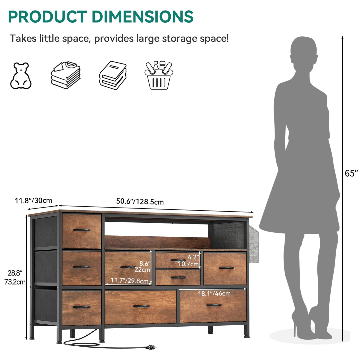 YITAHOME Dresser TV Stand with Power Outlet for 55'' TV, 9 Drawer Dresser for Bedroom, Media TV Console Table with Side Pockets & Hooks, Fabric Dresser Chest of Drawers for Bedroom, Living Room