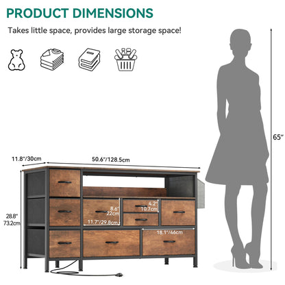 YITAHOME Dresser TV Stand with Power Outlet for 55'' TV, 9 Drawer Dresser for Bedroom, Media TV Console Table with Side Pockets & Hooks, Fabric Dresser Chest of Drawers for Bedroom, Living Room