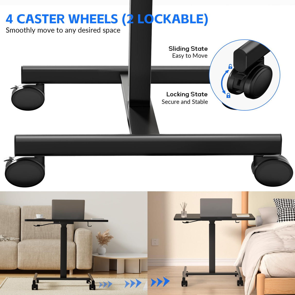 GallopFun Mobile Laptop Standing Desk Adjustable Height, Small Mobile Desk Workstation with Wheels, Portable Rolling Computer Desk Cart for Home Office Classroom (Black) GallopFun