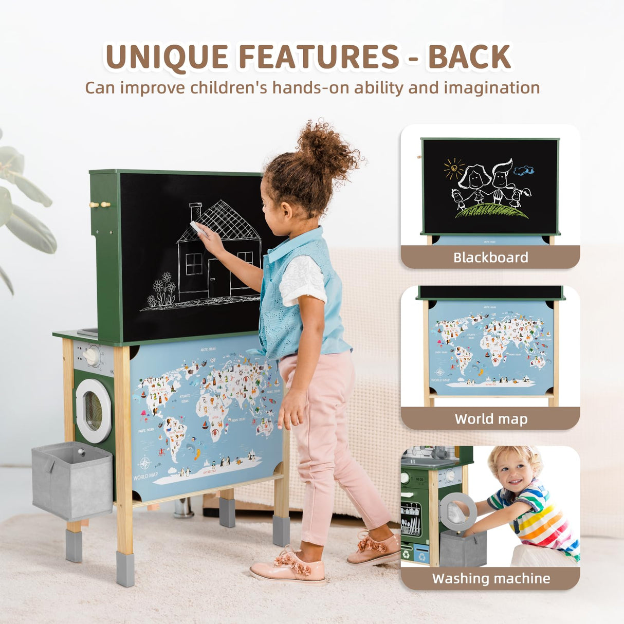 OOOK Kids Kitchen Playset with Sound and Light, Wooden Multifunctional Pretend Play Kitchen with Coffee Machine, Microwave, Dishwasher and Washer Toy ect., Kitchen Set for Kids Aged 3+ OOOK