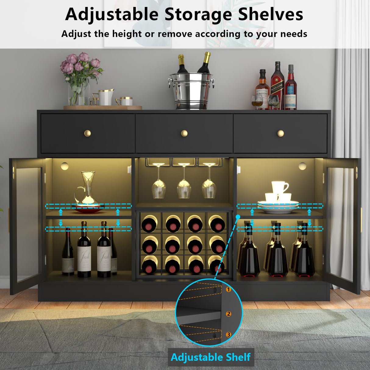 Auromie Wine Bar Cabinet with LED Light, Home Coffee Cabinet with Wine and Glass Rack, Kitchen Buffet Sideboard with Storage Drawers & Adjustable Shelves, Modern Liquor Cabinet with Glass Door (Black) Auromie